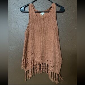 Fringed Knit Tank Top - Brown